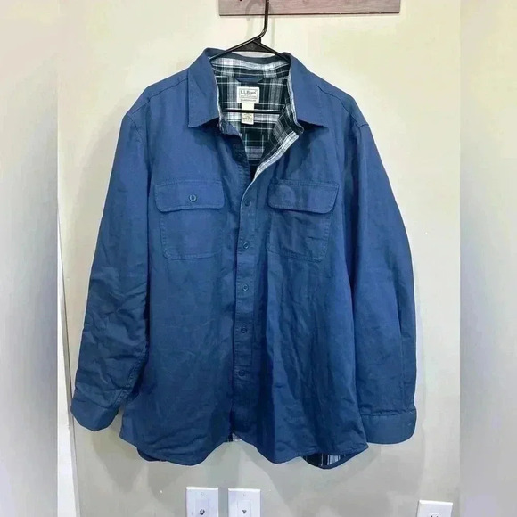 LL Bean Flannel Lined Hurricane Button Up Shirt Jacket Blue Plaid Work Shacket - Picture 1 of 6